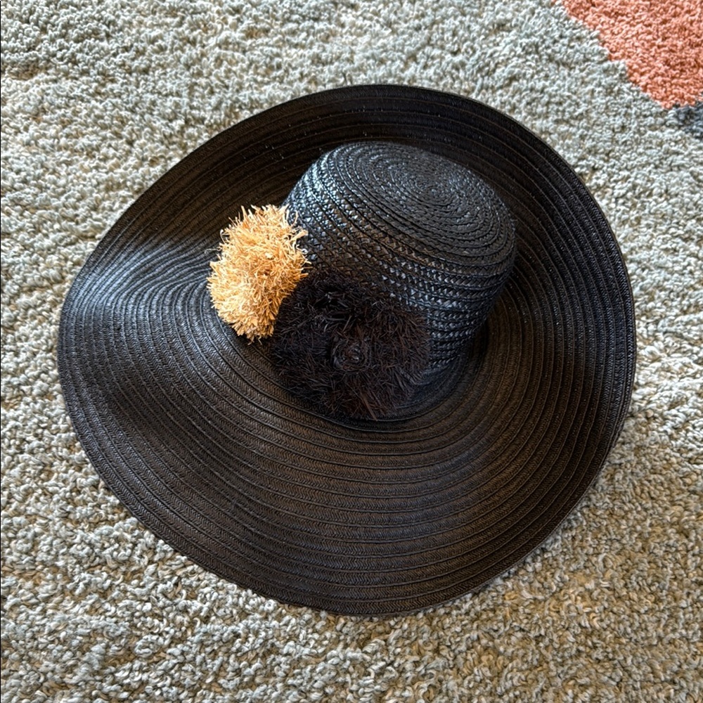 Zara Black Wide-Brim woven Hat with Pom Poms small. NWOT